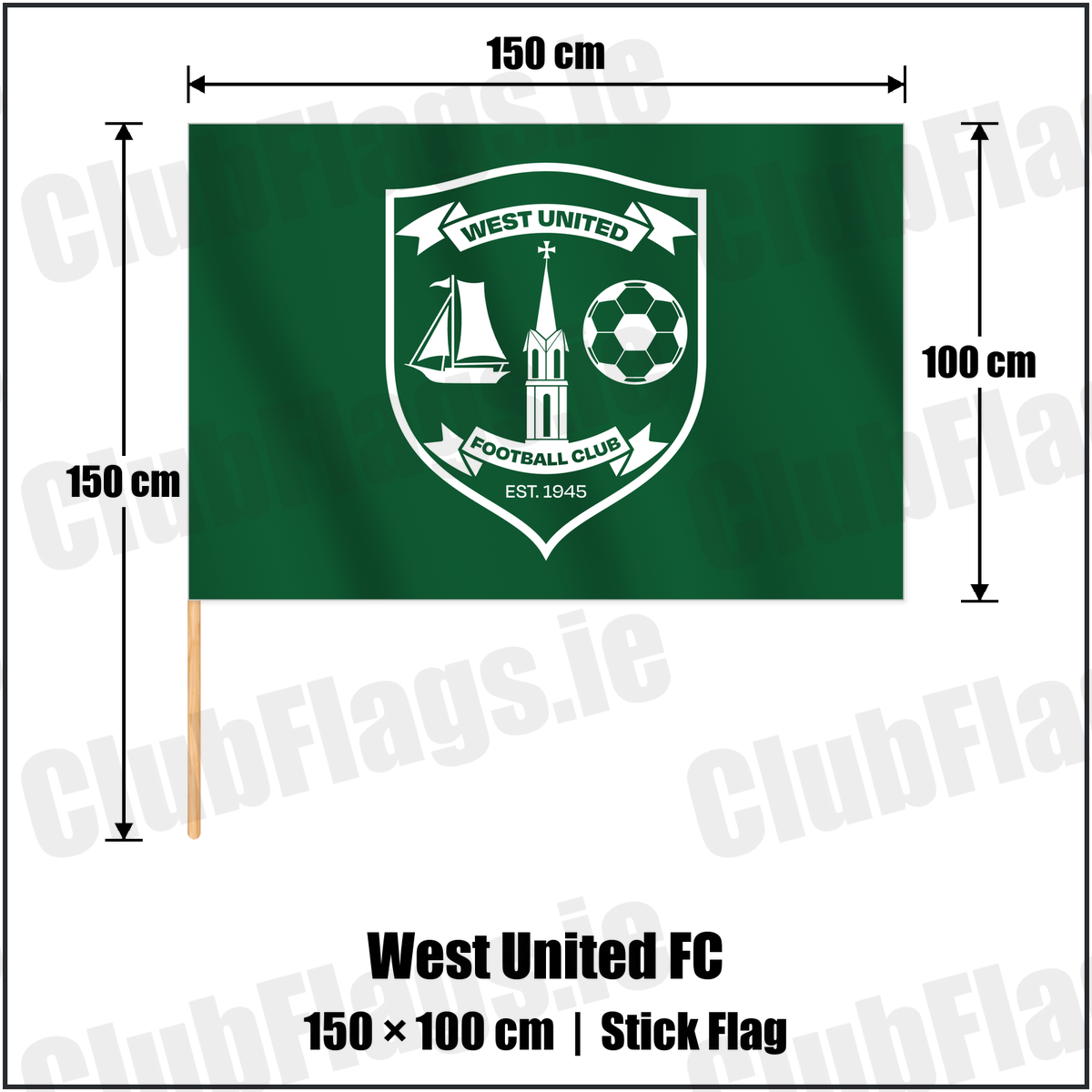 West United FC 100cm x 150cm Stick Flag with the club crest and colours, Galway Football - ClubFlags.ie