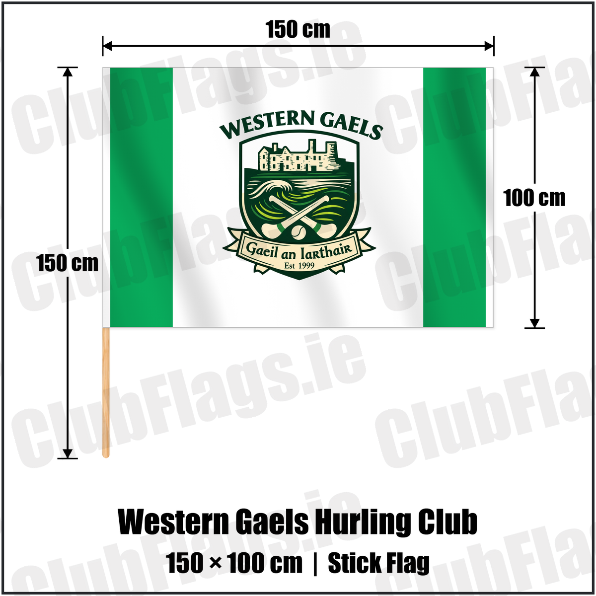 Western Gaels Hurling Club 100cm x 150cm Stick Flag with the club crest and colours, Sligo GAA - ClubFlags.ie