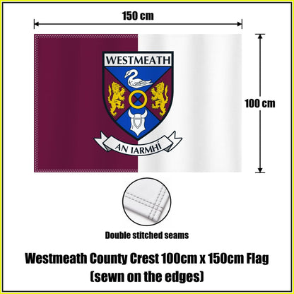 Westmeath county crest 100 × 150 cm sewn-edge flag in maroon and white, with dimension arrows and a double-stitch seam close-up.