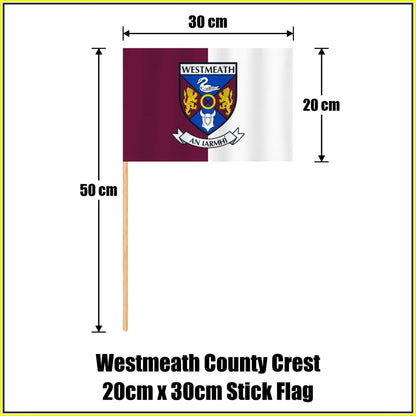 Westmeath county crest 20 × 30 cm stick flag in maroon and white, with a 50 cm wooden stick and dimension arrows.