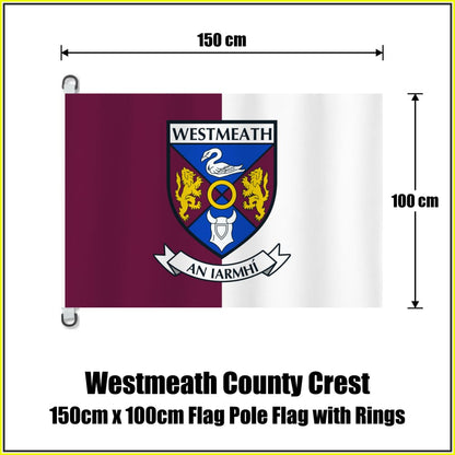 Westmeath county crest flag, 150 cm wide × 100 cm high, in maroon and white, with two dark attachment rings on white tabs and no pole.