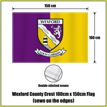 Wexford county crest 100 × 150 cm sewn-edge flag in purple and yellow, with dimension arrows and a double-stitch seam close-up.