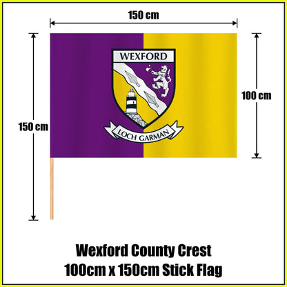 Wexford county crest 100 × 150 cm stick flag in purple and yellow, with a 150 cm wooden stick and dimension arrows.