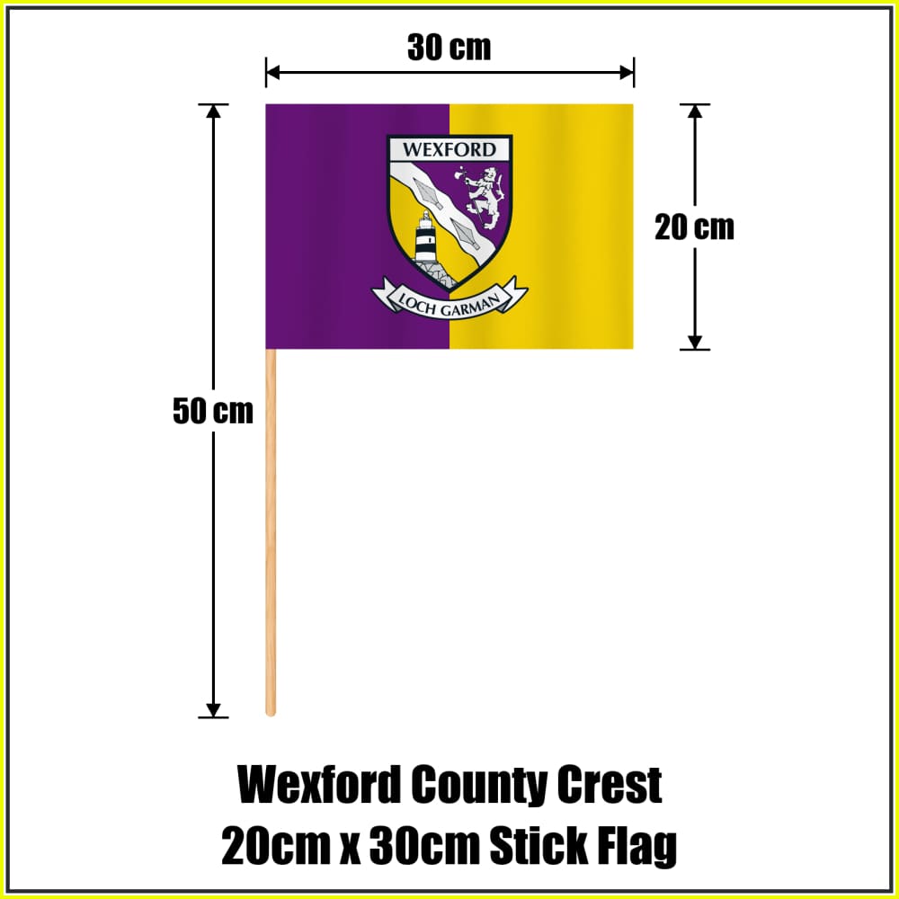 Wexford county crest 20 × 30 cm stick flag in purple and yellow, with a 50 cm wooden stick and dimension arrows.