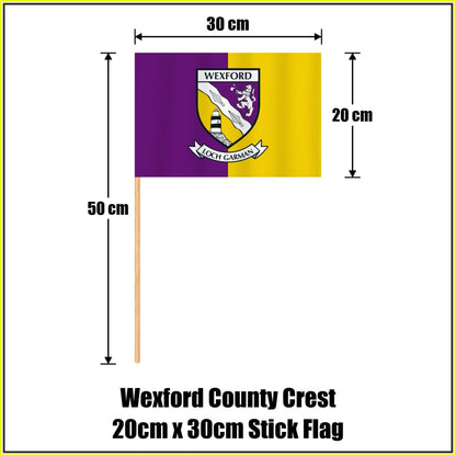 Wexford county crest 20 × 30 cm stick flag in purple and yellow, with a 50 cm wooden stick and dimension arrows.