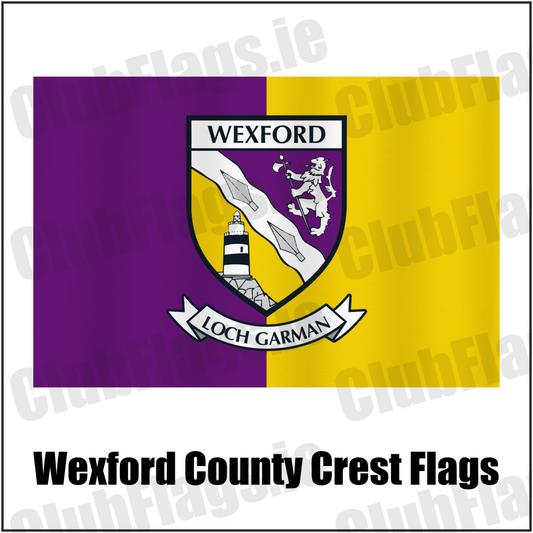 Wexford county crest flag in purple and yellow, with county name and crest.