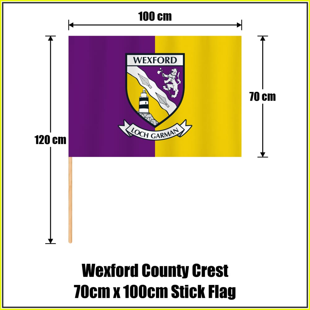 Wexford county crest 70 × 100 cm stick flag in purple and yellow, with a 120 cm wooden stick and dimension arrows.