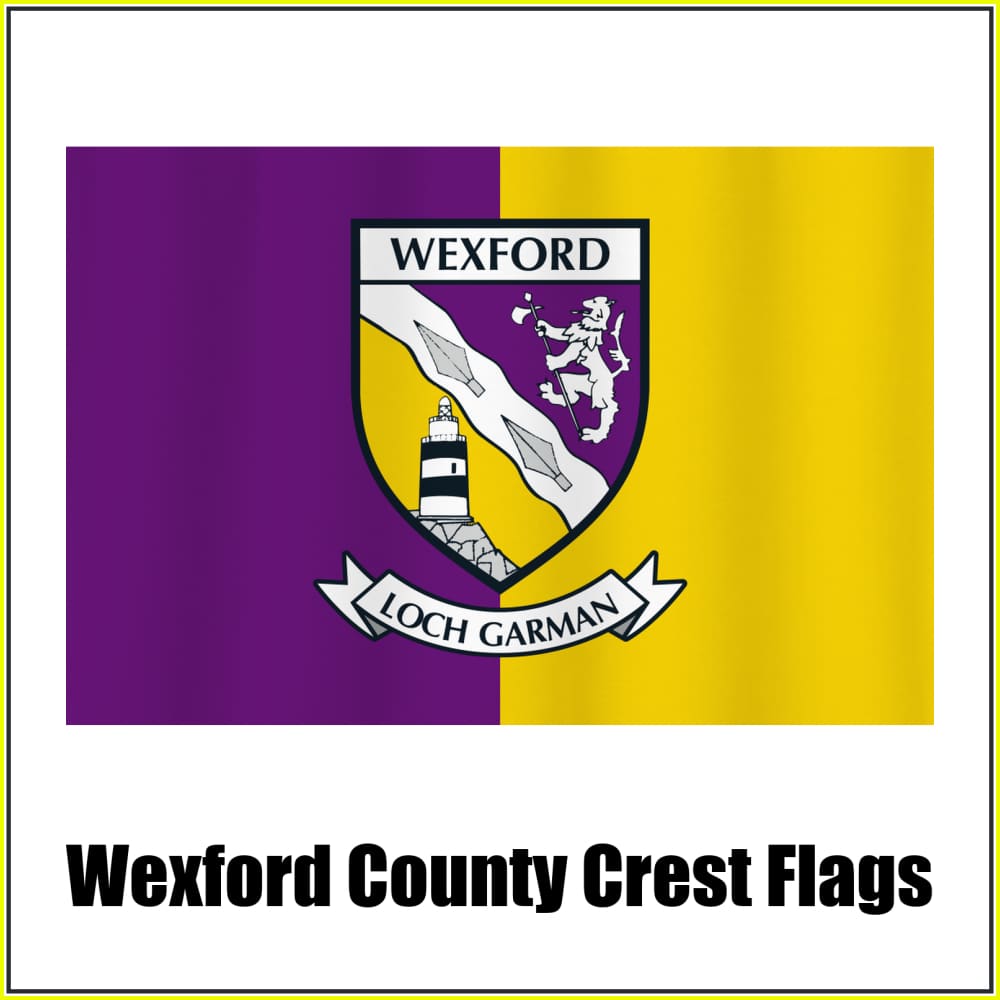Wexford county crest flag in purple and yellow, with county name and crest.