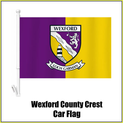 Wexford county crest car flag in purple and yellow, on a white plastic window mount.