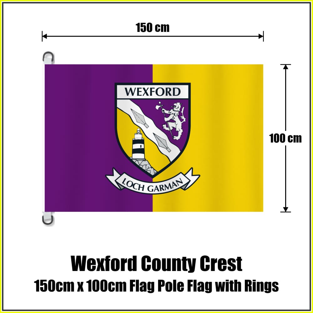 Wexford county crest flag, 150 cm wide × 100 cm high, in purple and yellow, with two dark attachment rings on white tabs and no pole.