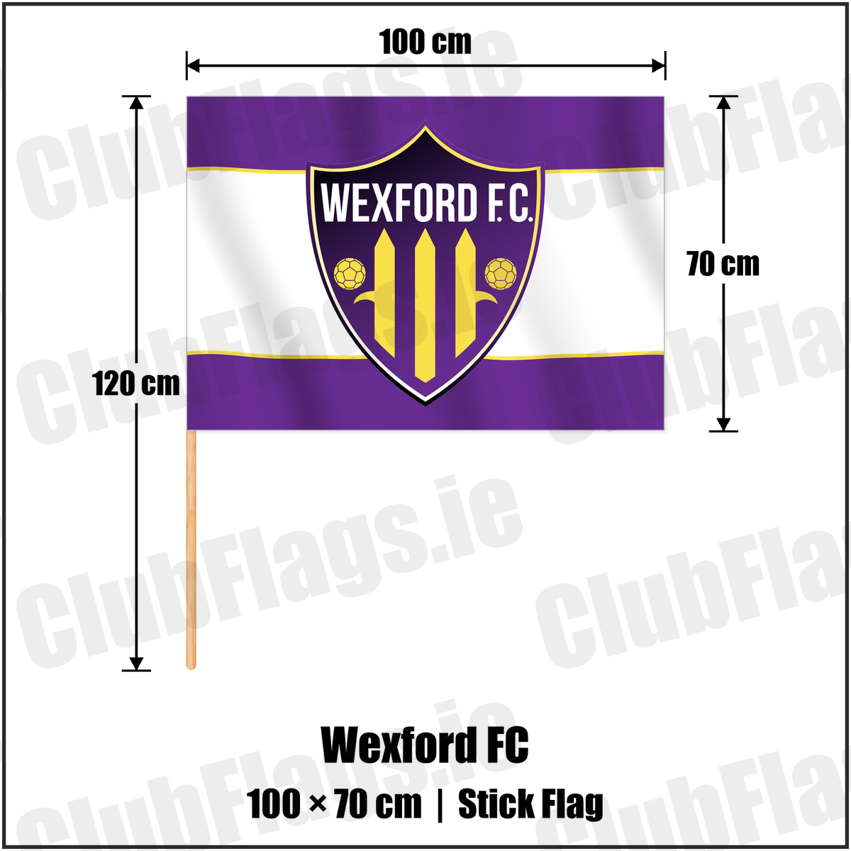 Wexford FC 70cm x 100cm Stick Flag with the club crest and colours, Wexford Football - ClubFlags.ie