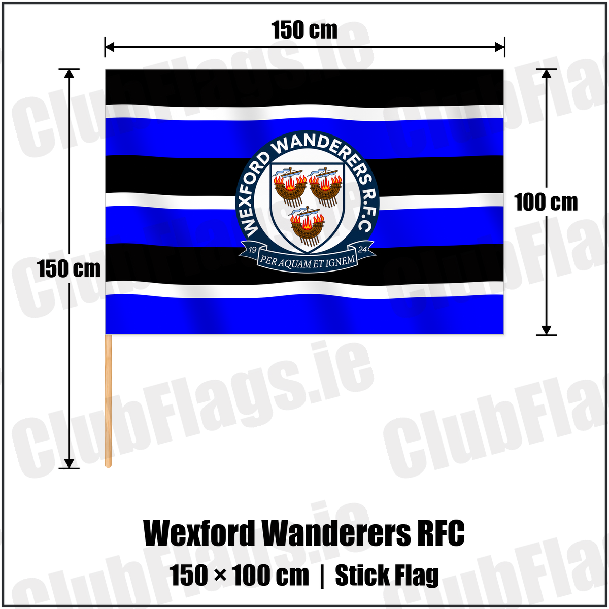 Wexford Wanderers RFC 100cm x 150cm Stick Flag with the verified club crest and colours, Wexford Rugby - ClubFlags.ie