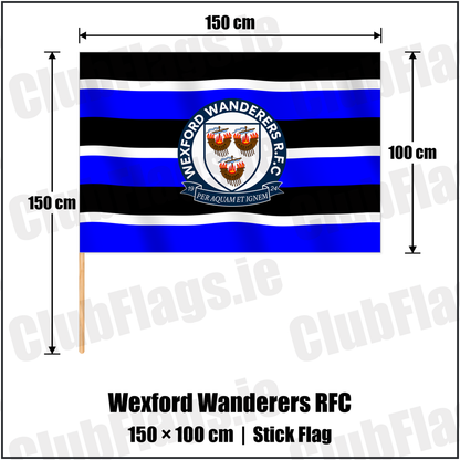 Wexford Wanderers RFC 100cm x 150cm Stick Flag with the verified club crest and colours, Wexford Rugby - ClubFlags.ie