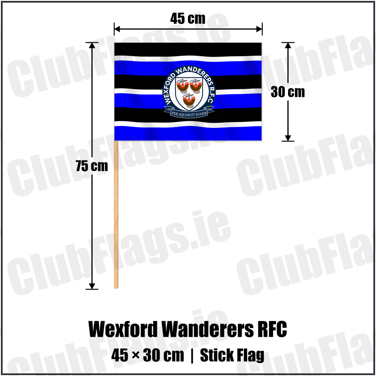 Wexford Wanderers RFC 30cm x 45cm Stick Flag with the verified club crest and colours, Wexford Rugby - ClubFlags.ie