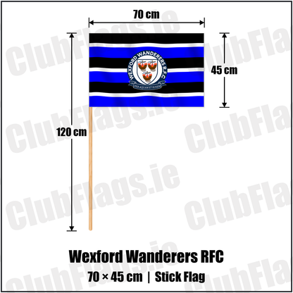 Wexford Wanderers RFC 45cm x 70cm Stick Flag with the verified club crest and colours, Wexford Rugby - ClubFlags.ie