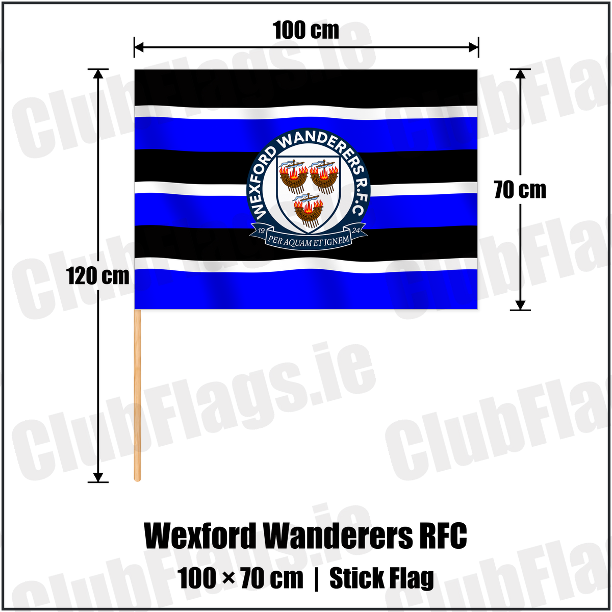 Wexford Wanderers RFC 70cm x 100cm Stick Flag with the verified club crest and colours, Wexford Rugby - ClubFlags.ie