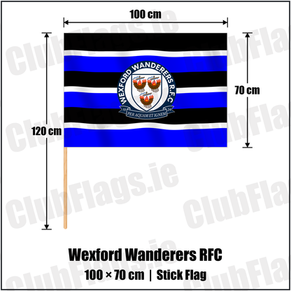 Wexford Wanderers RFC 70cm x 100cm Stick Flag with the verified club crest and colours, Wexford Rugby - ClubFlags.ie