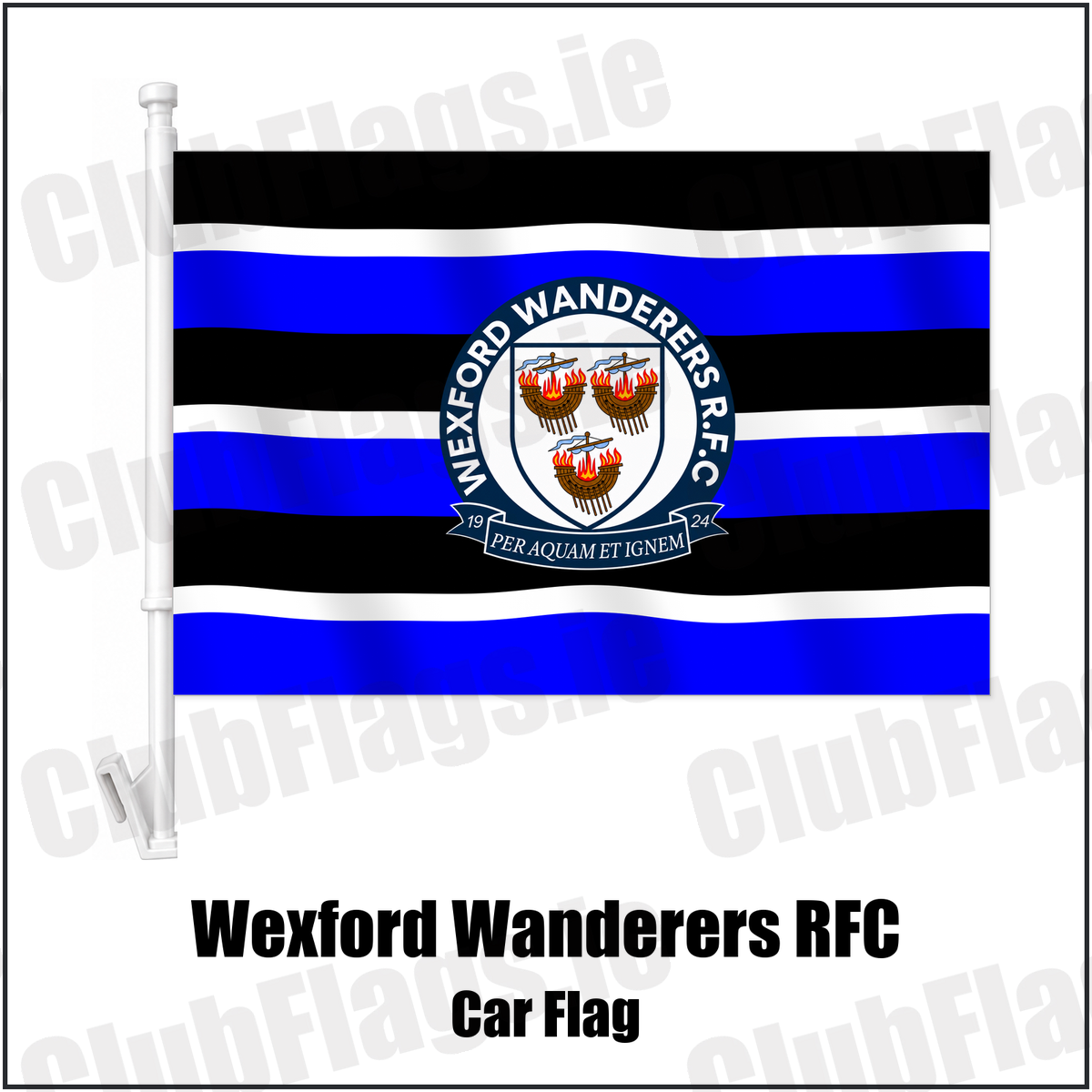 Wexford Wanderers RFC Car Flag with the verified club crest and colours, Wexford Rugby - ClubFlags.ie