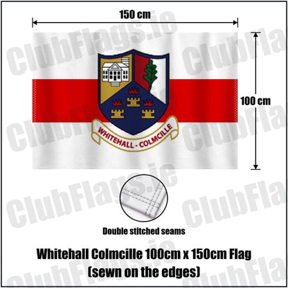 Whitehall Colmcille 100cm x 150cm Flag (sewn on the edges) in red and white, featuring the club crest on realistic fabric with gentle vertical folds; County Dublin GAA. ClubFlags.ie.