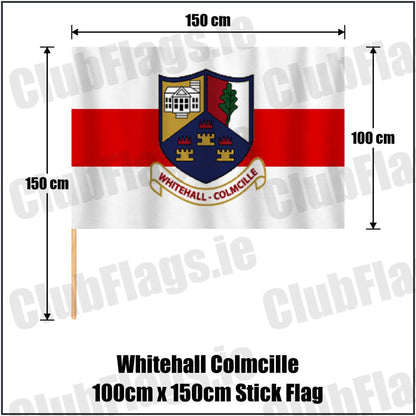 Whitehall Colmcille 100cm x 150cm Stick Flag in red and white, featuring the club crest on realistic fabric with gentle vertical folds; County Dublin GAA. ClubFlags.ie.