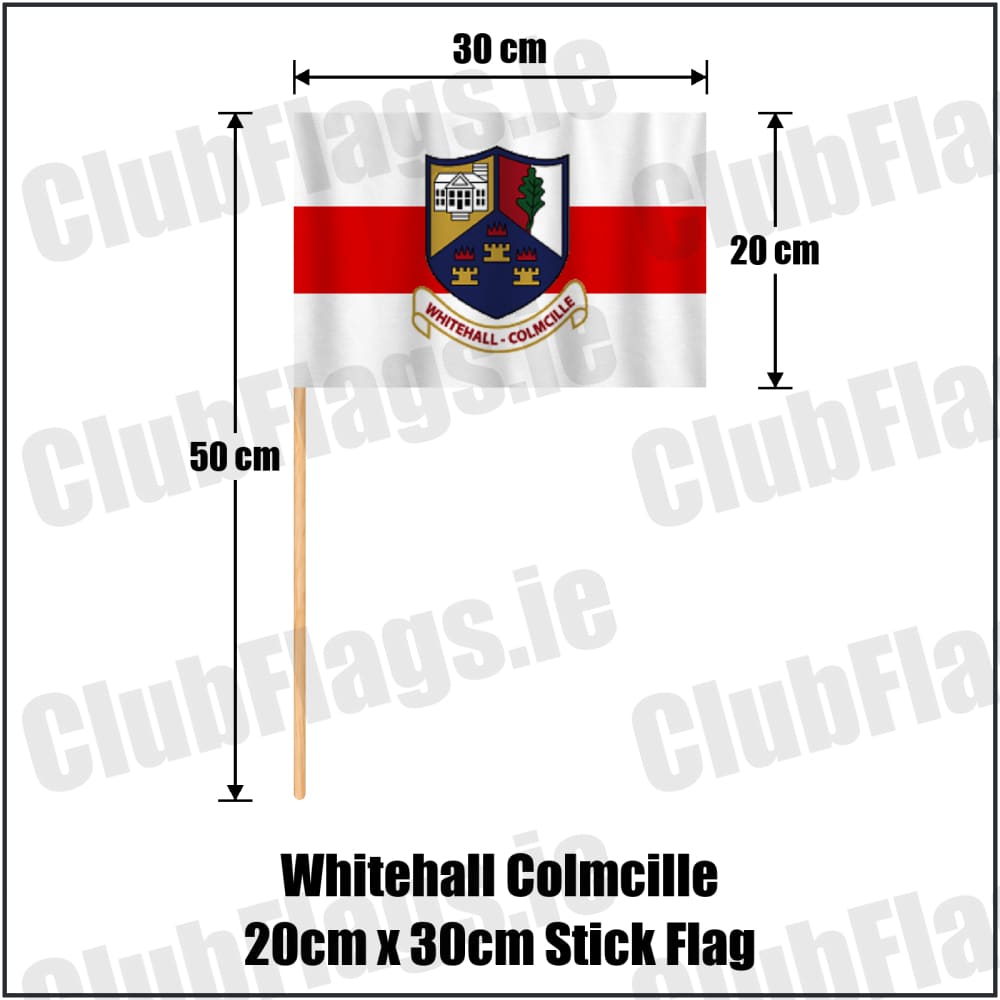 Whitehall Colmcille 20cm x 30cm Stick Flag in red and white, featuring the club crest on realistic fabric with gentle vertical folds; County Dublin GAA. ClubFlags.ie.
