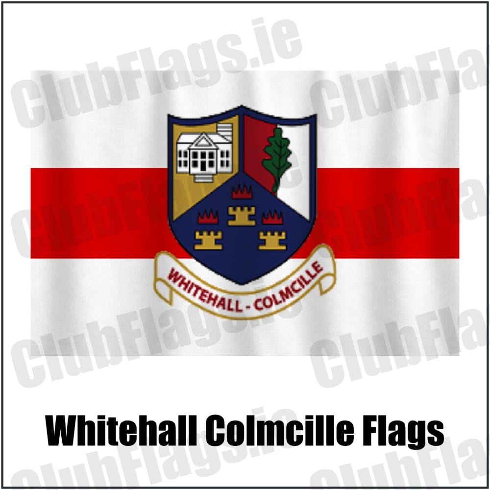 Whitehall Colmcille Flags in red and white, featuring the club crest on realistic fabric with gentle vertical folds; County Dublin GAA. ClubFlags.ie.
