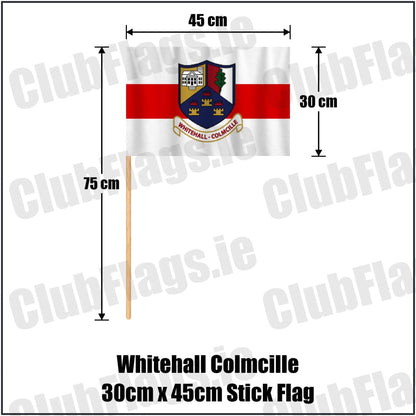 Whitehall Colmcille 30cm x 45cm Stick Flag in red and white, featuring the club crest on realistic fabric with gentle vertical folds; County Dublin GAA. ClubFlags.ie.