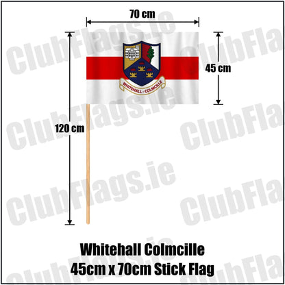 Whitehall Colmcille 45cm x 70cm Stick Flag in red and white, featuring the club crest on realistic fabric with gentle vertical folds; County Dublin GAA. ClubFlags.ie.