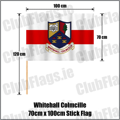 Whitehall Colmcille 70cm x 100cm Stick Flag in red and white, featuring the club crest on realistic fabric with gentle vertical folds; County Dublin GAA. ClubFlags.ie.
