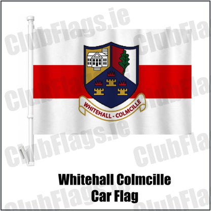 Whitehall Colmcille Car Flag in red and white, featuring the club crest on realistic fabric with gentle vertical folds; County Dublin GAA. ClubFlags.ie.