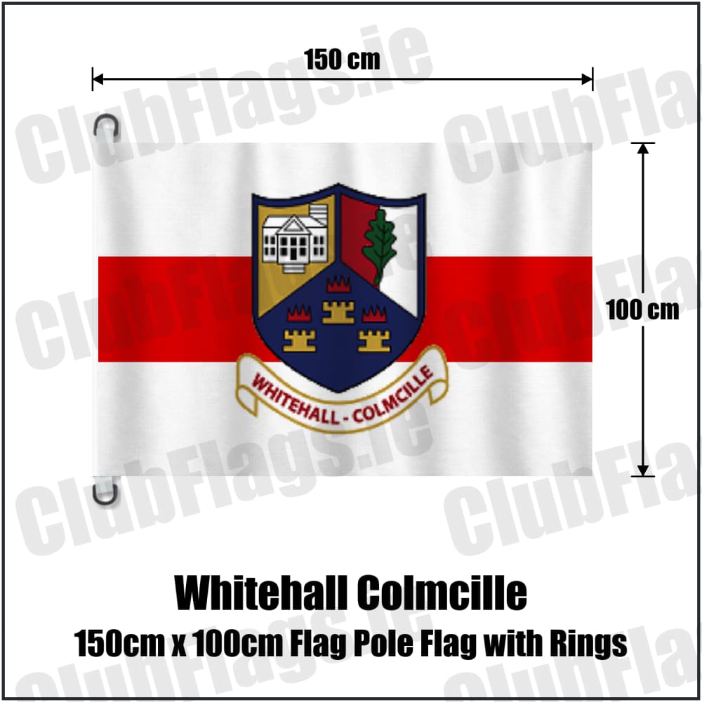 Whitehall Colmcille 150cm x 100cm Flag Pole Flag with Rings in red and white, featuring the club crest on realistic fabric with gentle vertical folds; County Dublin GAA. ClubFlags.ie.