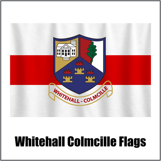 Whitehall Colmcille Flags, featuring the club crest and red and white colours; County Dublin GAA. ClubFlags.ie.