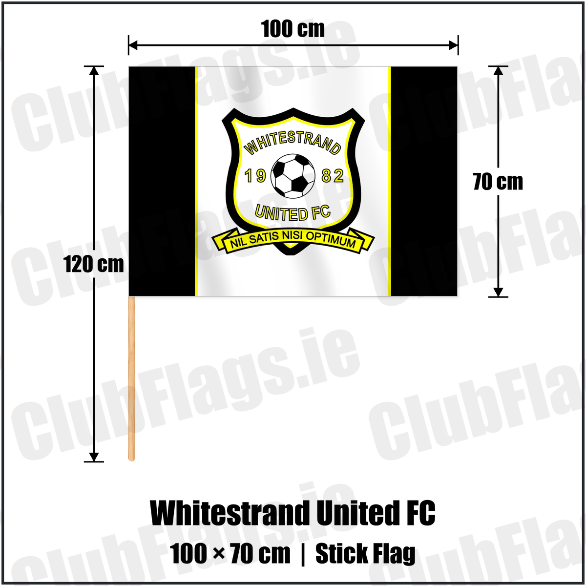 Whitestrand United FC 70cm x 100cm Stick Flag with the club crest and colours, Donegal Football - ClubFlags.ie