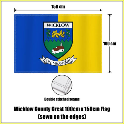 Wicklow county crest 100 × 150 cm sewn-edge flag in blue and yellow, with dimension arrows and a double-stitch seam close-up.