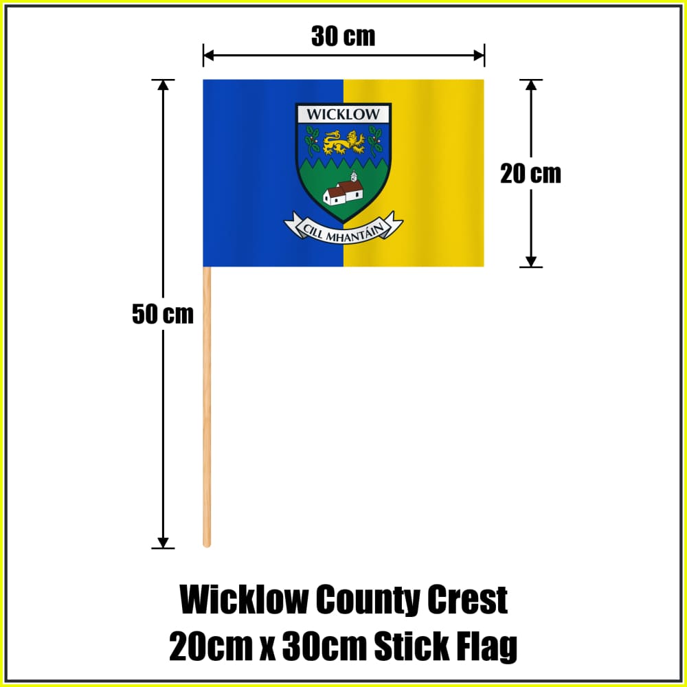 Wicklow county crest 20 × 30 cm stick flag in blue and yellow, with a 50 cm wooden stick and dimension arrows.