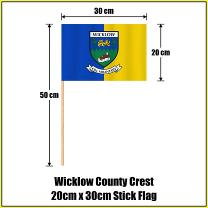 Wicklow county crest 20 × 30 cm stick flag in blue and yellow, with a 50 cm wooden stick and dimension arrows.