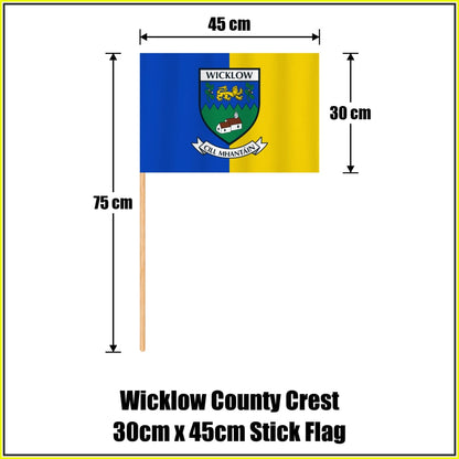 Wicklow county crest 30 × 45 cm stick flag in blue and yellow, with a 75 cm wooden stick and dimension arrows.