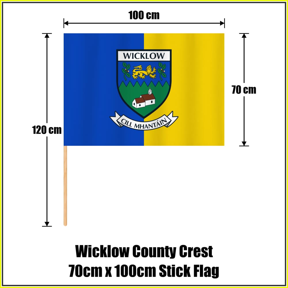 Wicklow county crest 70 × 100 cm stick flag in blue and yellow, with a 120 cm wooden stick and dimension arrows.