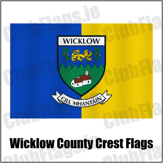 Wicklow county crest flag in blue and yellow, with county name and crest.