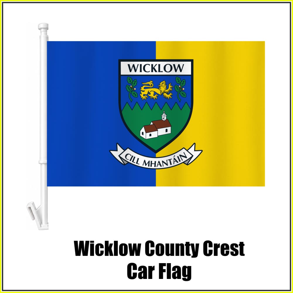 Wicklow county crest car flag in blue and yellow, on a white plastic window mount.