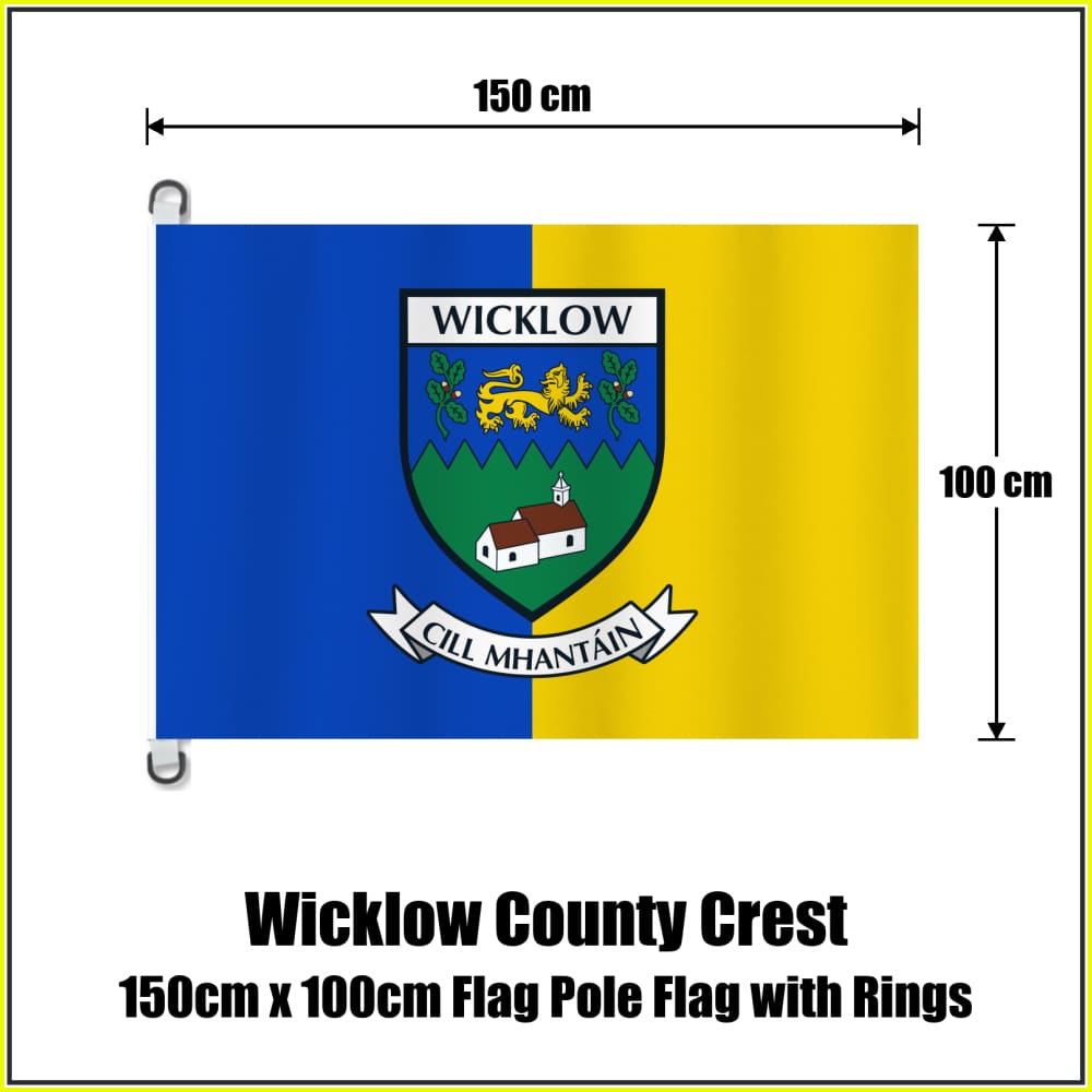 Wicklow county crest flag, 150 cm wide × 100 cm high, in blue and yellow, with two dark attachment rings on white tabs and no pole.