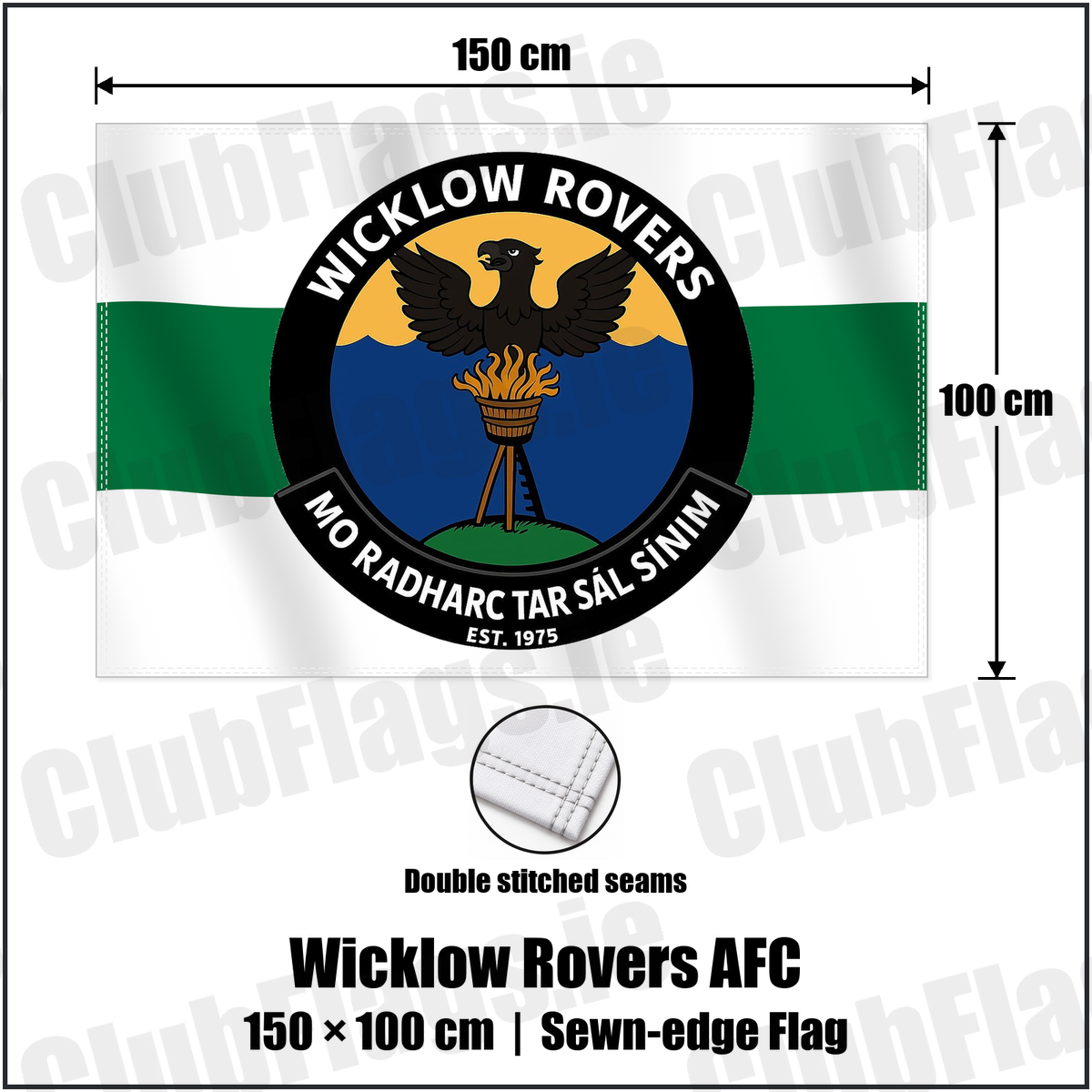 Wicklow Rovers AFC 100cm x 150cm Flag (sewn on the edges) with the club crest and colours, Wicklow Football - ClubFlags.ie