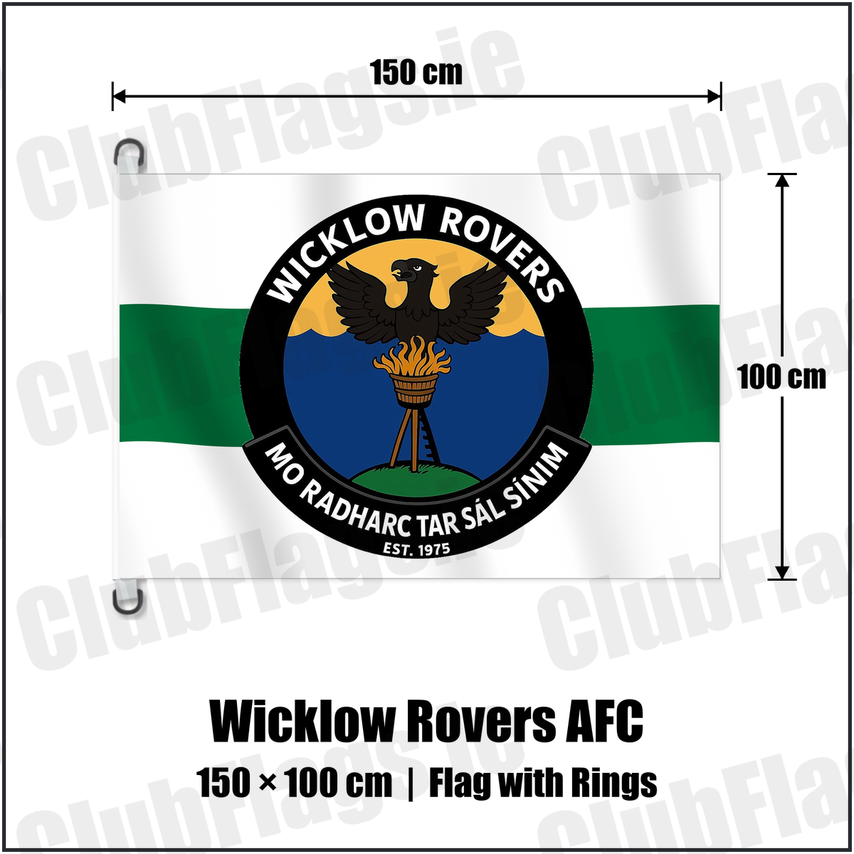Wicklow Rovers AFC 150cm x 100cm Flag Pole Flag with Rings with the club crest and colours, Wicklow Football - ClubFlags.ie