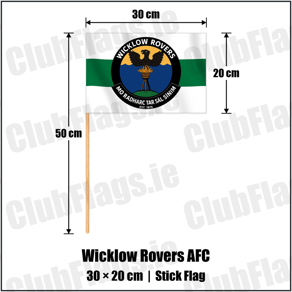Wicklow Rovers AFC 20cm x 30cm Stick Flag with the club crest and colours, Wicklow Football - ClubFlags.ie