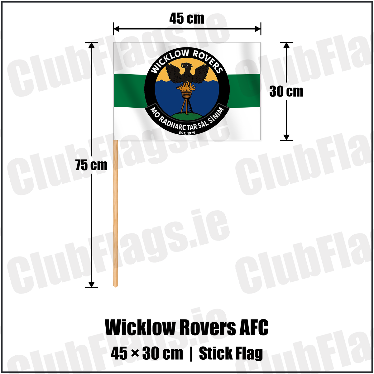 Wicklow Rovers AFC 30cm x 45cm Stick Flag with the club crest and colours, Wicklow Football - ClubFlags.ie