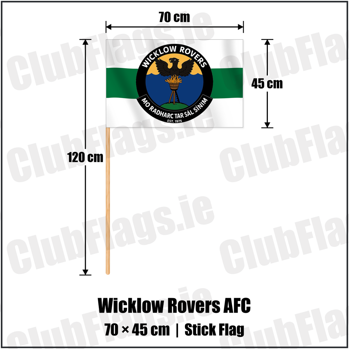 Wicklow Rovers AFC 45cm x 70cm Stick Flag with the club crest and colours, Wicklow Football - ClubFlags.ie