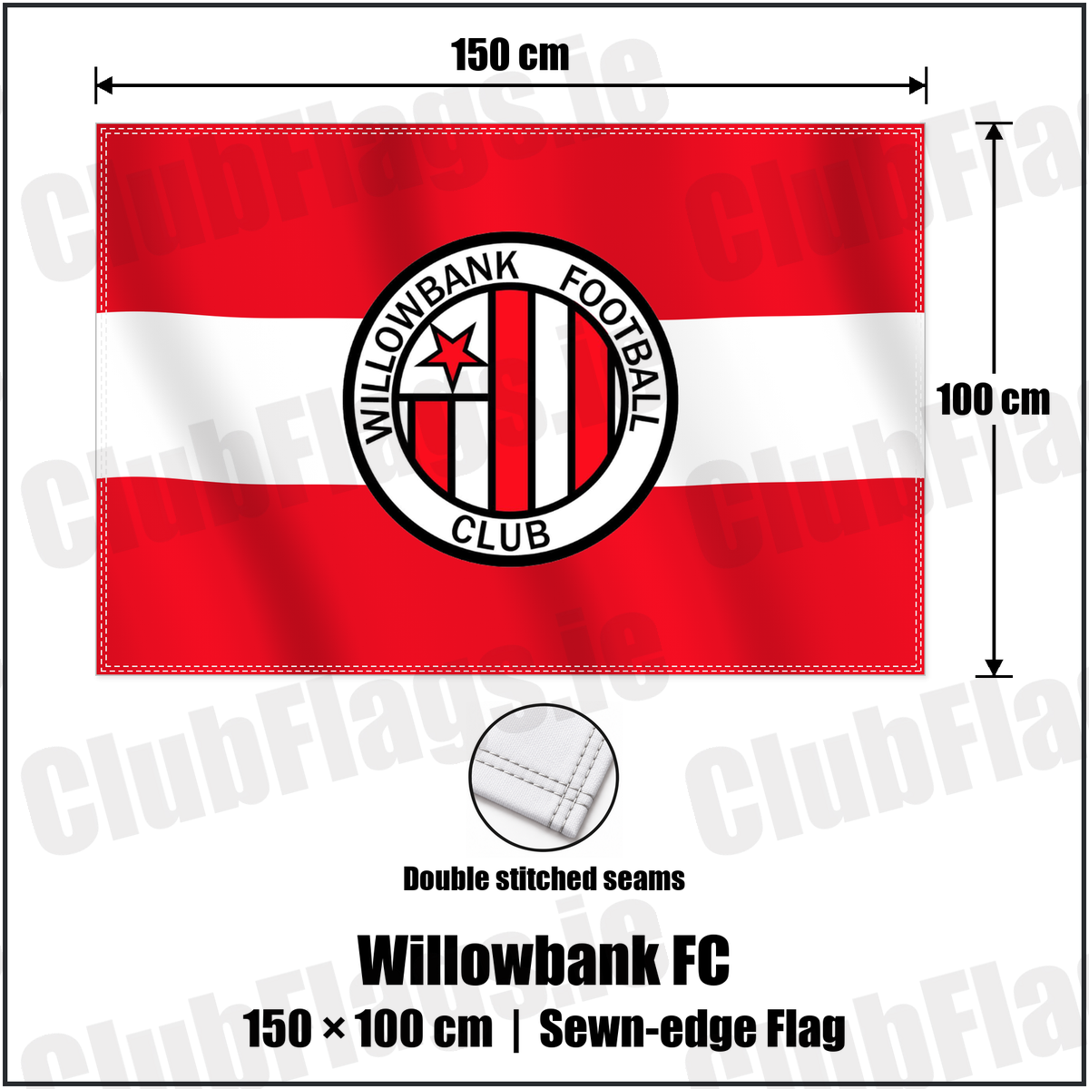 Willowbank FC 100cm x 150cm Flag (sewn on the edges) with the club crest and colours, Antrim Football - ClubFlags.ie