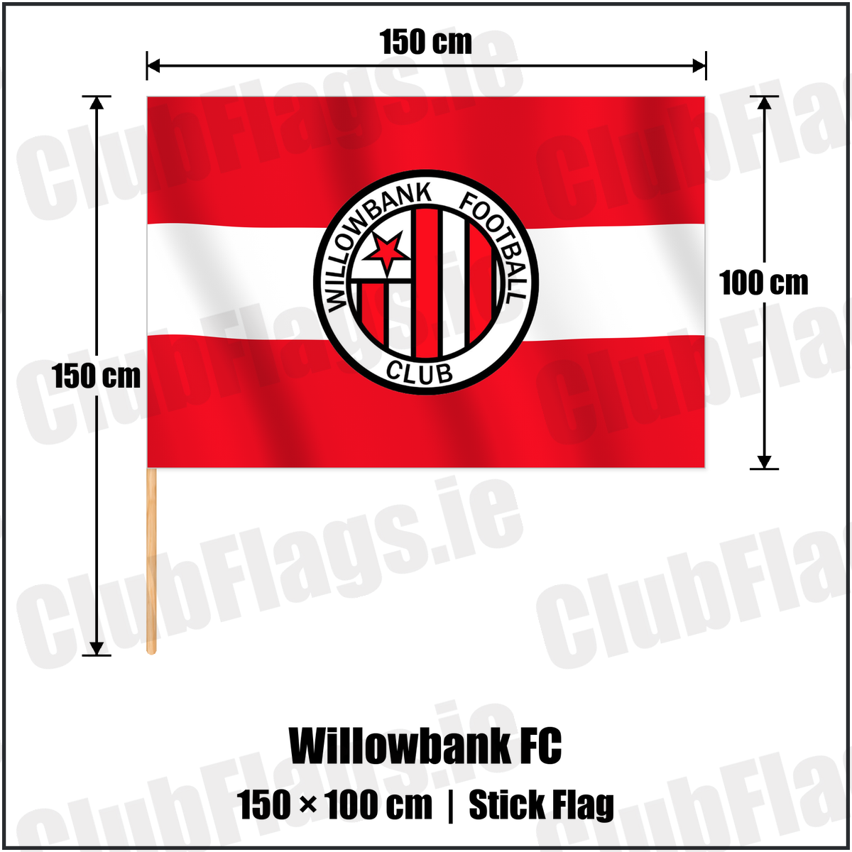 Willowbank FC 100cm x 150cm Stick Flag with the club crest and colours, Antrim Football - ClubFlags.ie