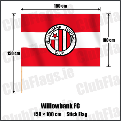 Willowbank FC 100cm x 150cm Stick Flag with the club crest and colours, Antrim Football - ClubFlags.ie
