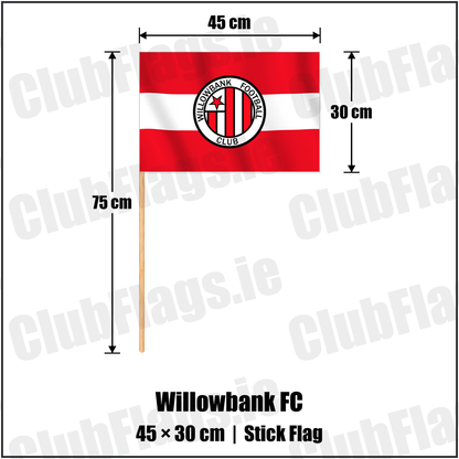 Willowbank FC 30cm x 45cm Stick Flag with the club crest and colours, Antrim Football - ClubFlags.ie